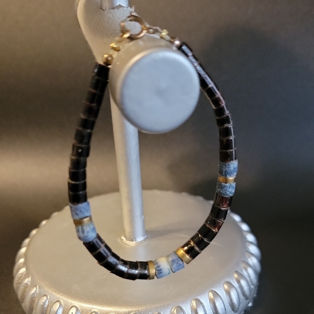 7" Blue black beaded sponge coral and shell bracelet Heishi beads handmade.